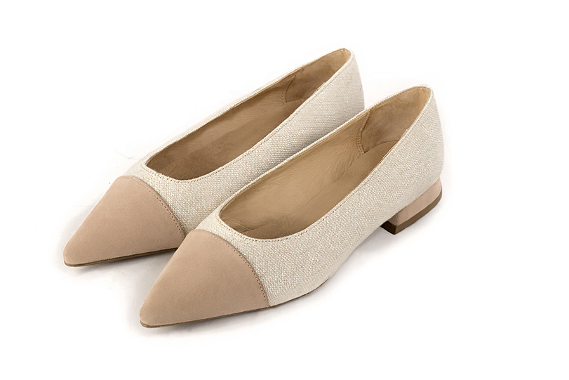 Tan beige and gold women's dress pumps, with a round neckline. Pointed toe. Flat block heels. Front view - Florence KOOIJMAN